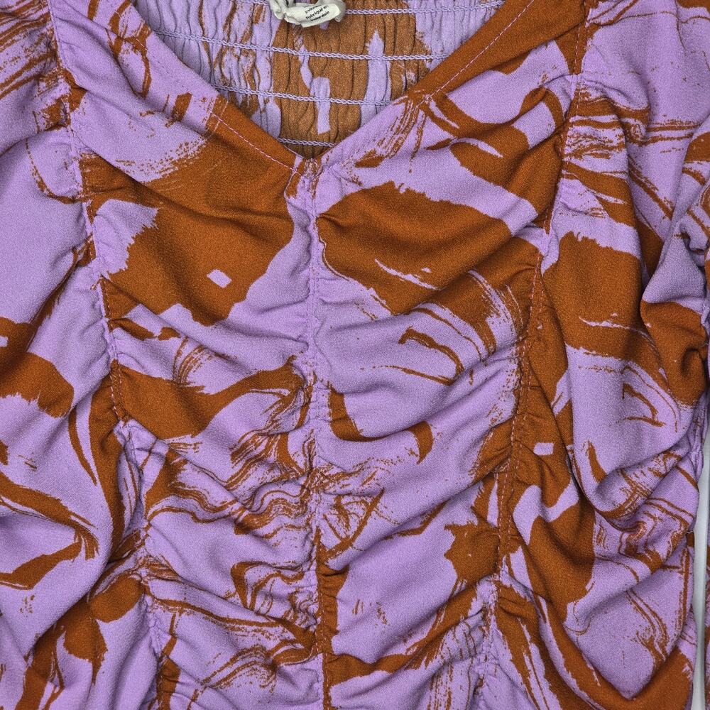 Open Edit Lavender Rust-Brown Abstract Floral Print Ruched Crop Top Size Large - Picture 5 of 7